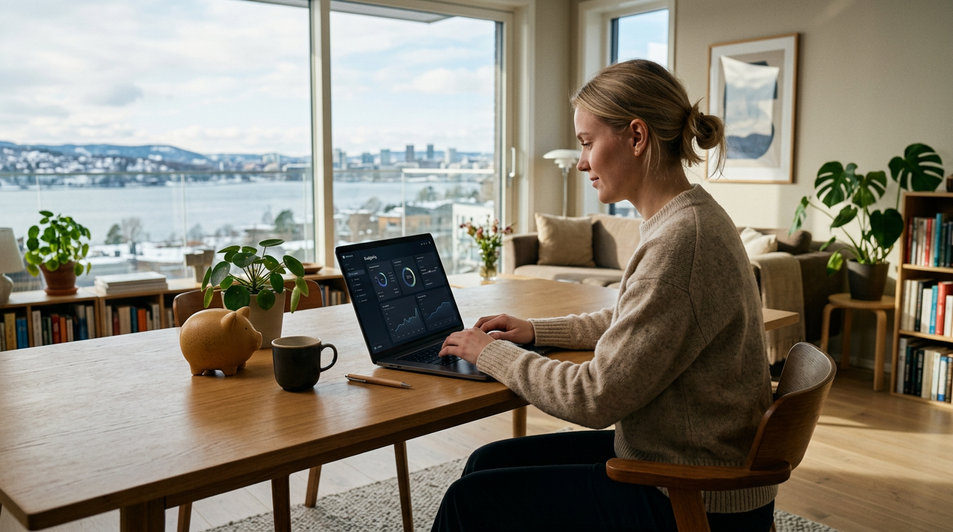 En person som går gjennom privatøkonomien sin på bærbart nettbrett i et lyst skandinavisk rom.