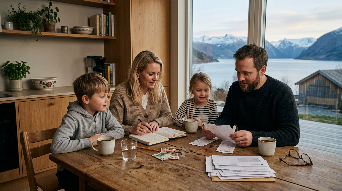En norsk barnefamilie som sitter rundt spisebordet og planlegger familiens økonomi og budsjett