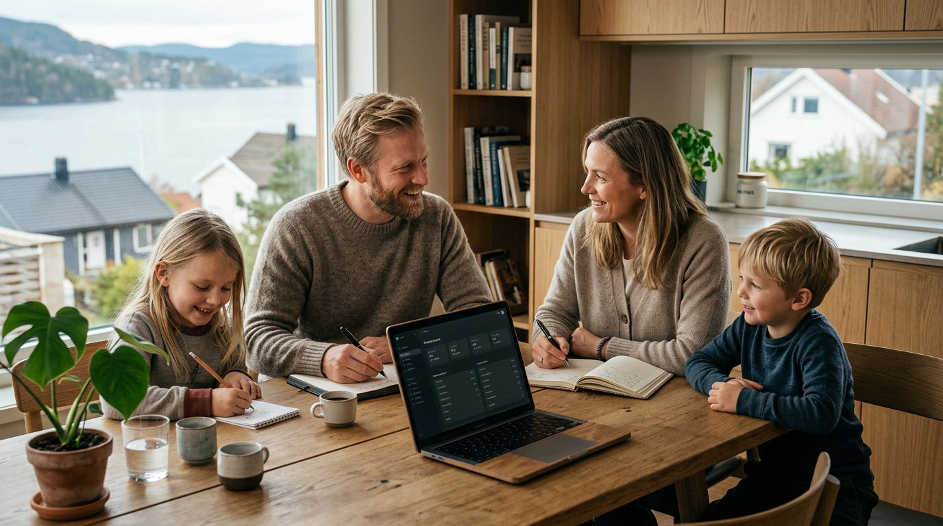 Norsk barnefamilie som sitter rundt spisebordet i et lyst kjøkken og planlegger familieøkonomien.